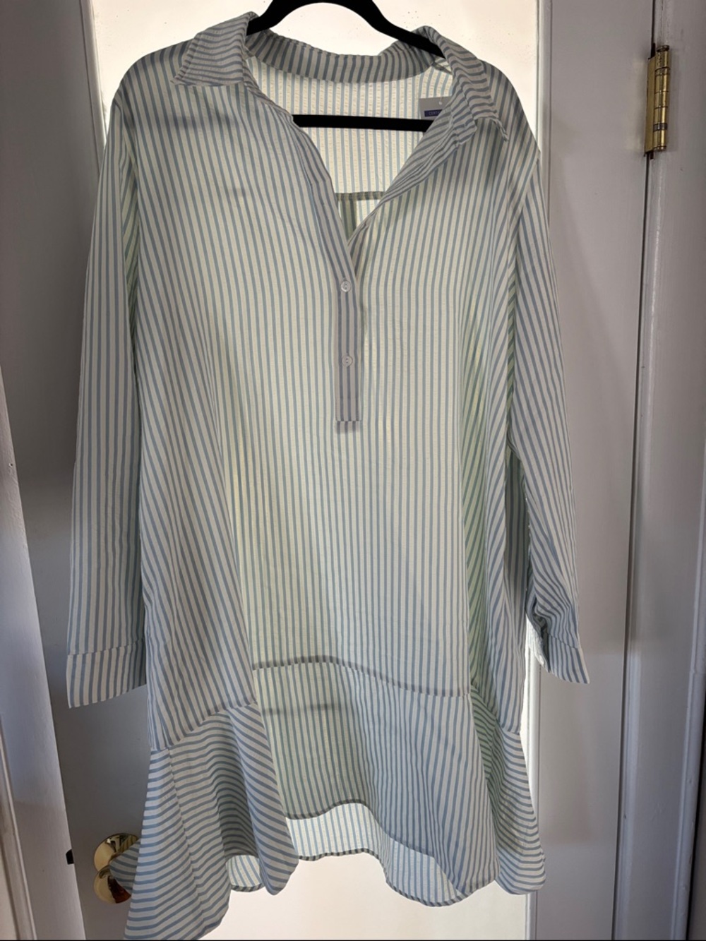Striped Ruffle-Hem Tunic Top in Light Blue and White